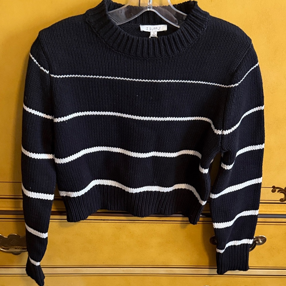 Z Supply Black and White Striped Cropped Crewneck Sweater